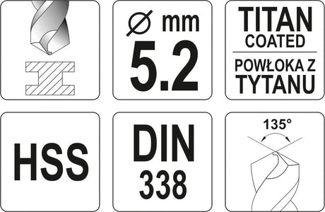 TWIST DRILL BIT HSS-TIN 5,2 MM (YT-44652)