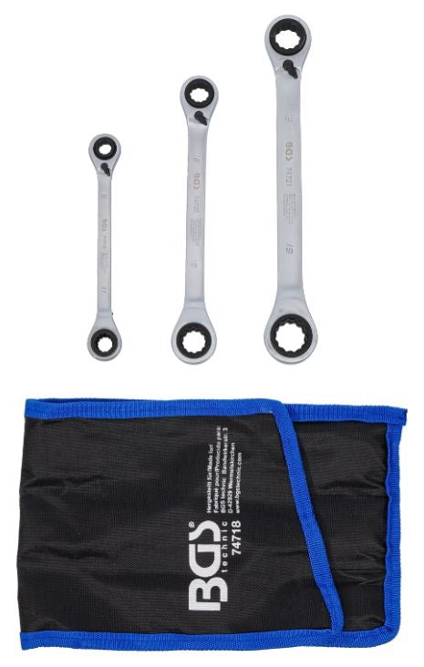 REVERSIBLE RATCHETING RING SPANNERS | DOUBLE-SIDED WITH REVERSING LEVER | 3 PCS | 4-IN-1 | 8 - 19 MM (74718)