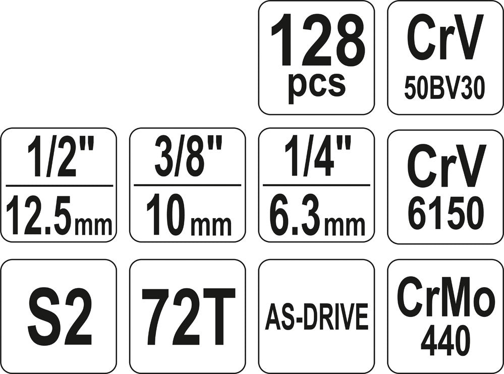 SOCKET SET 1/4", 3/8" & 1/2" 128PCS (YT-38872)