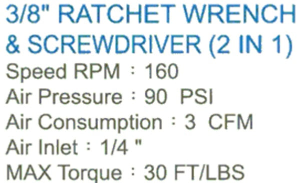 PNEUMATIC RATCHET | 10 MM (3/8") | 1/4" (6.3 MM) BITS | 12 CM | 42 NM (H2602)