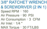 PNEUMATIC RATCHET | 10 MM (3/8") | 1/4" (6.3 MM) BITS | 12 CM | 42 NM (H2602)
