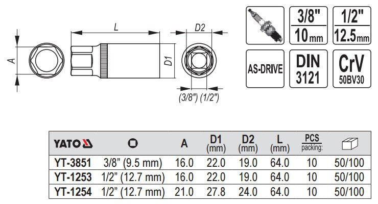 SPARK PLUG SOCKET 1/2" 16MM (YT-1253)