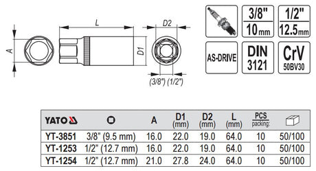 SPARK PLUG SOCKET 1/2" 16MM (YT-1253)