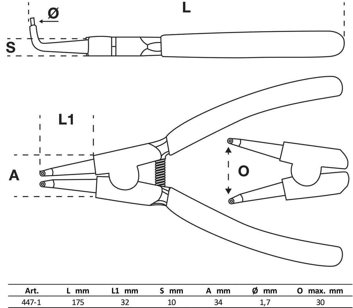 CIRCLIP PLIERS | ANGLED | FOR OUTSIDE CIRCLIPS | 175 MM (447-1)