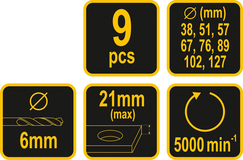 HOLE SAW SET 38-127MM / 9PCS (22572)