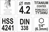 METAL DRILL WITH HEX SHANK 4,2MM TITAN (YT-44758)