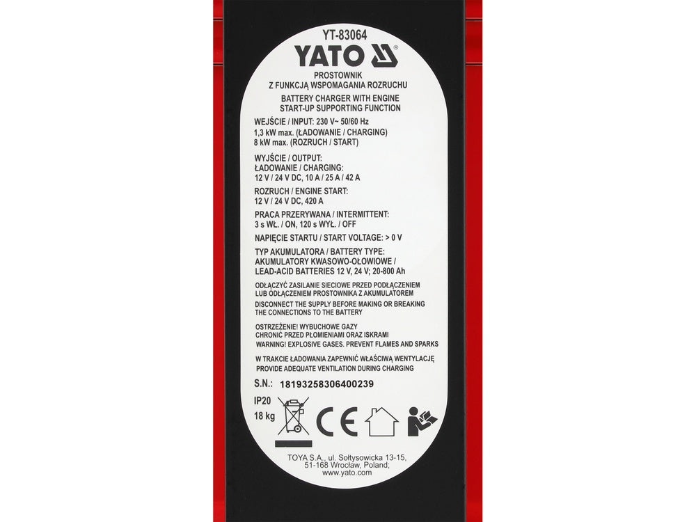 BATTERY CHARGER & JUMP STARTER 12/24V 20-800A (YT-83064)