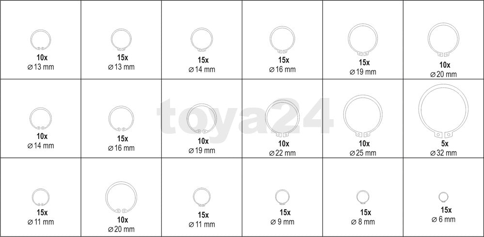 225 PCS SNAP RINGS ASSORTMENT EXT/INT (YT-06882)