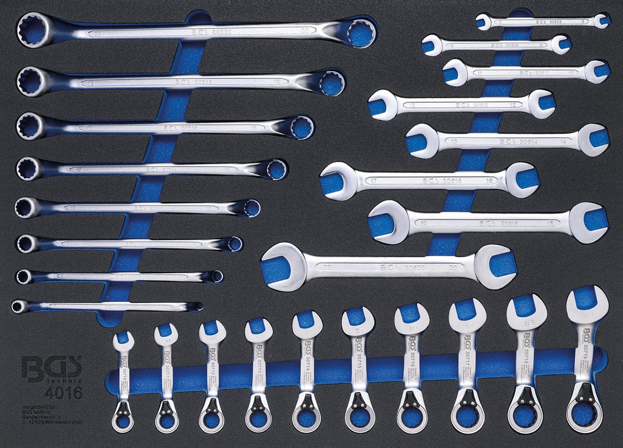 TOOL TRAY 3/3: DOUBLE OPEN END SPANNER, DOUBLE RING SPANNER, RATCHET WRENCH | 26 PCS. (4016)