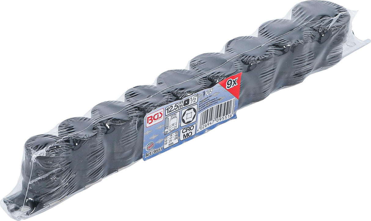 IMPACT SOCKET SET, HEXAGON, EXTRA FLAT | 12.5 MM (1/2") DRIVE | 13 - 24 MM | 9 PCS. (9551)