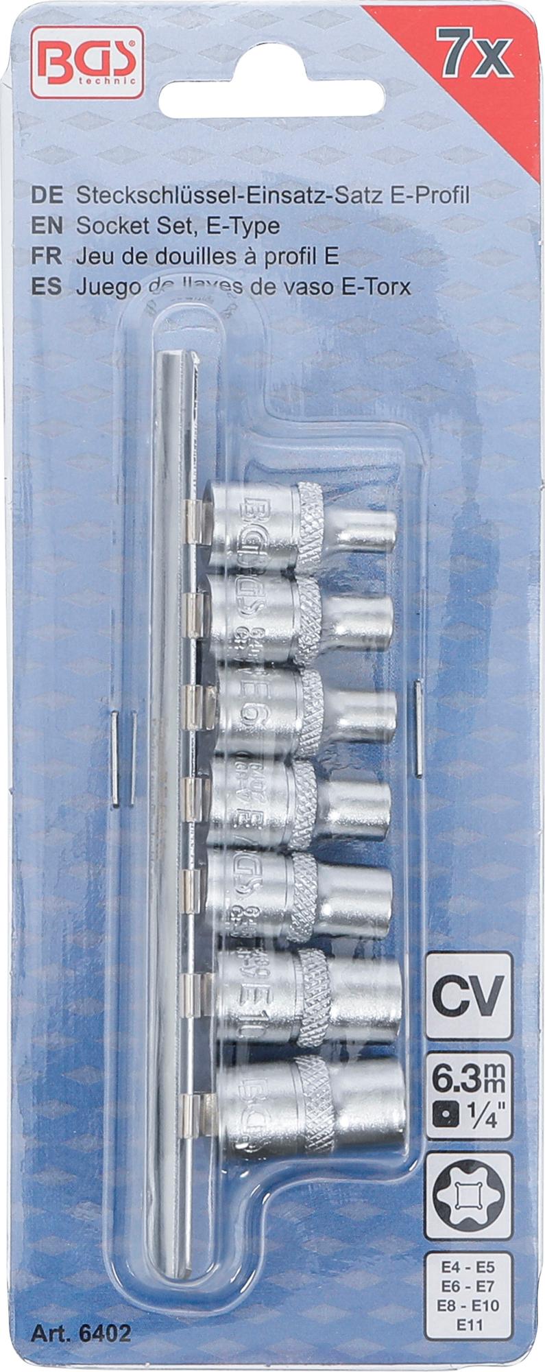 SOCKET SET, E-TYPE | 6.3 MM (1/4") DRIVE | E4 - E11 | 7 PCS. (6402)