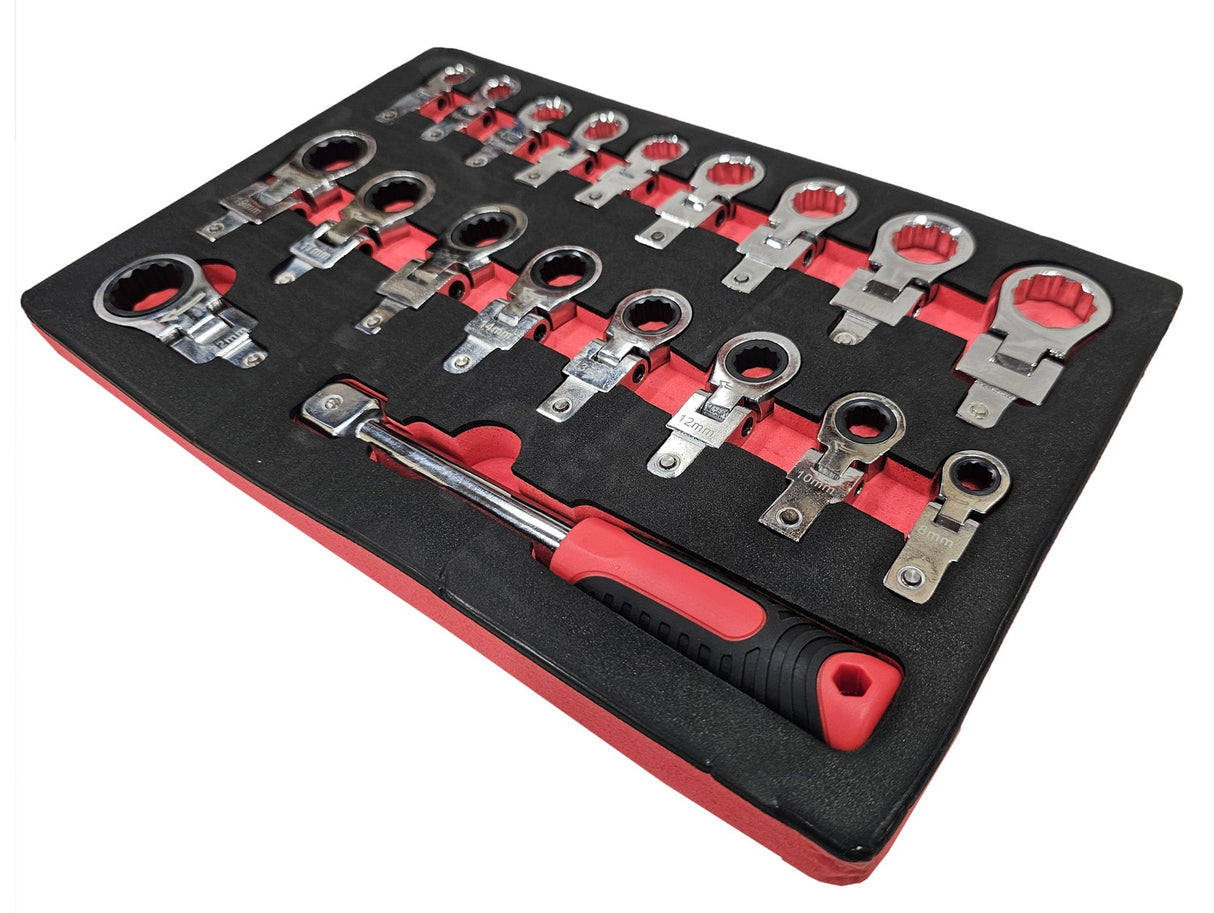 SET OF INSERTED FLEX RING WRENCHES | RATCHETING / STANDARD | 8 - 22 MM | 19 PCS. (RWS19)