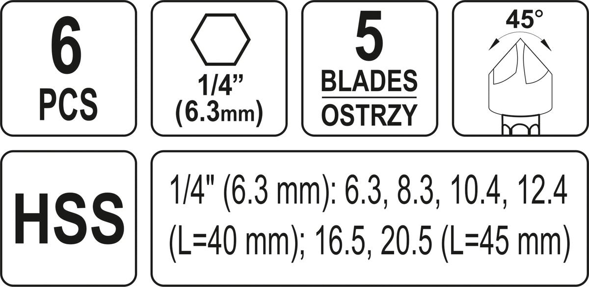 6 PCS COUNTERSINK  6,30-20,50MM HEX (YT-44729)