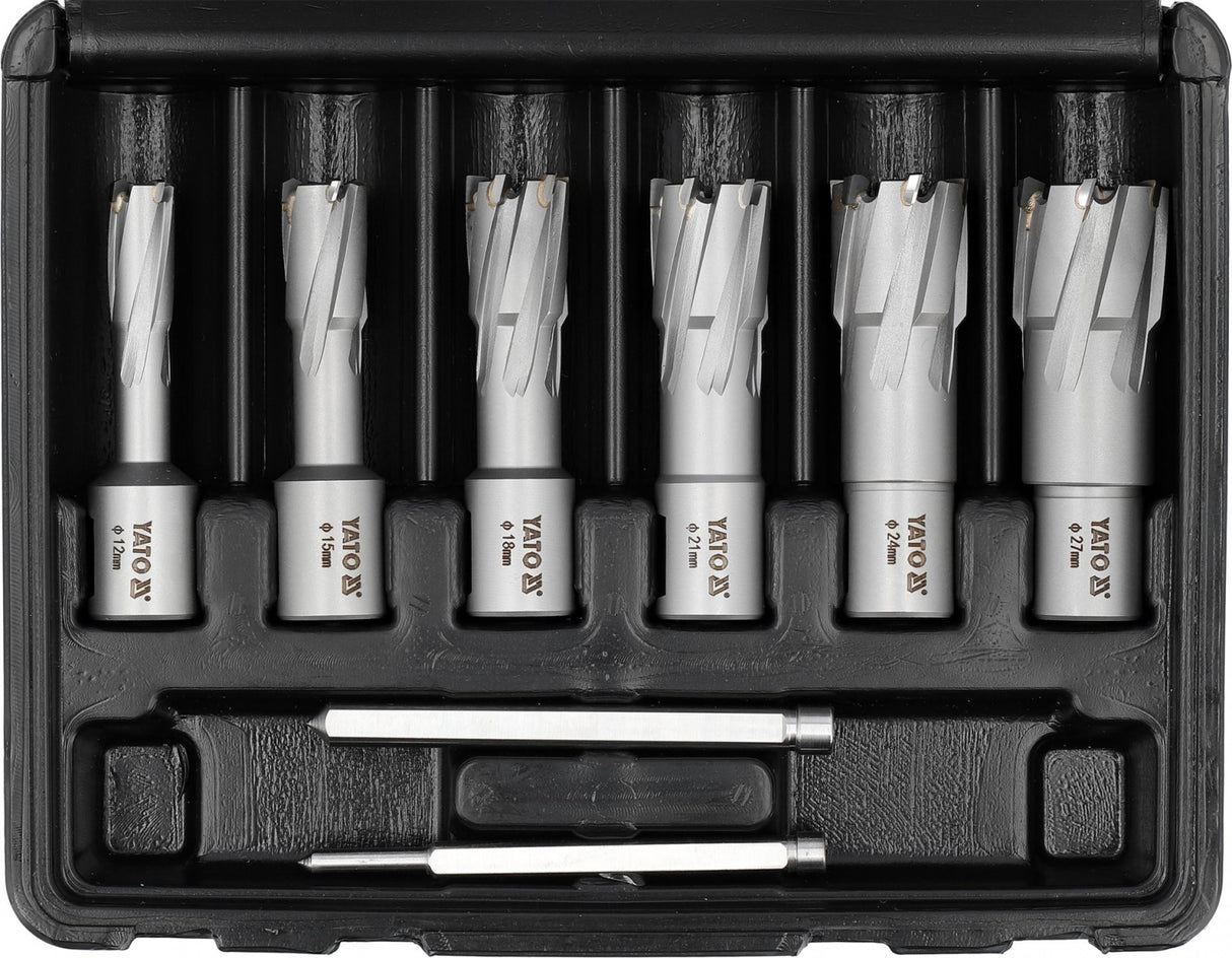 TCT CORE DRILL BIT SET FOR HARD METAL | WELDON SHANK | 12–27 MM | 8 PCS. (YT-43410)