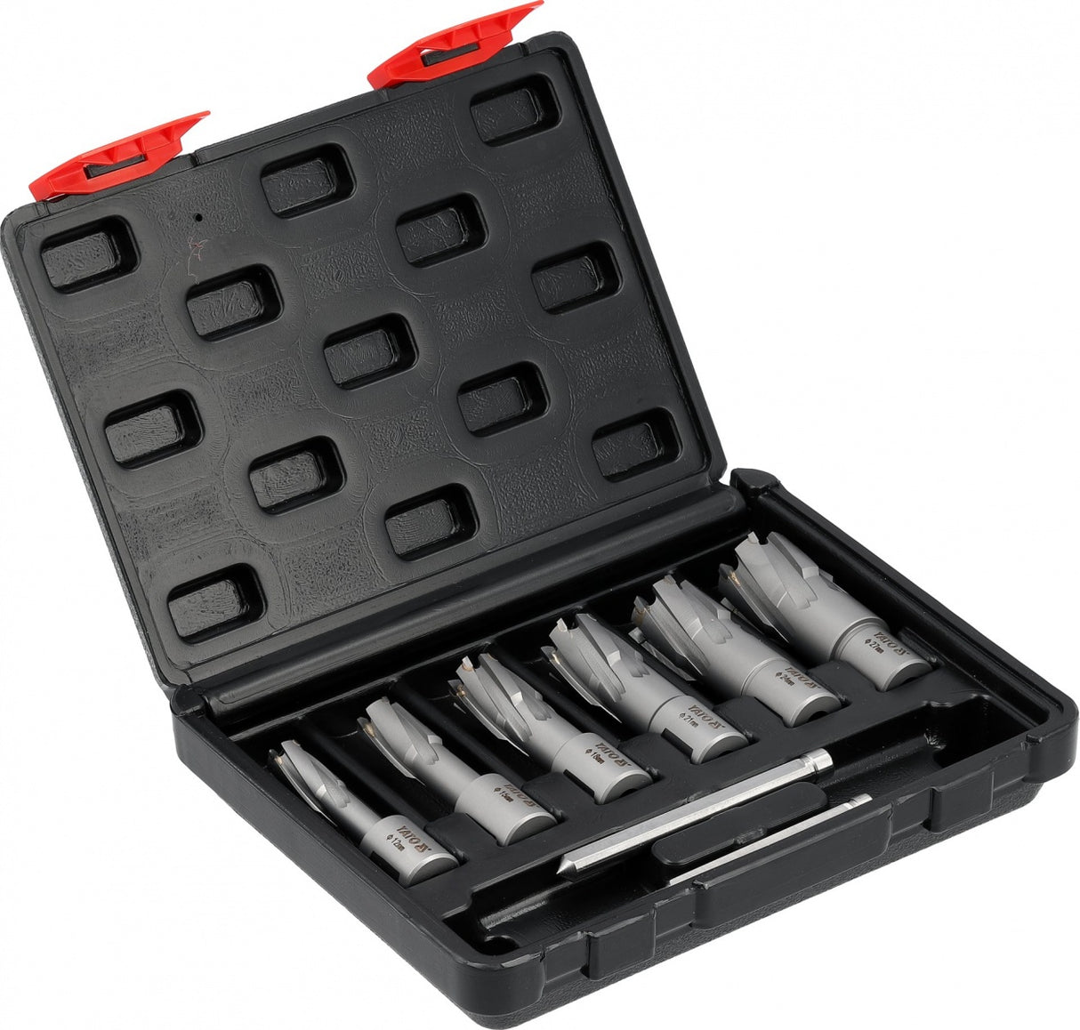 TCT CORE DRILL BIT SET FOR HARD METAL | WELDON SHANK | 12–27 MM | 8 PCS. (YT-43410)