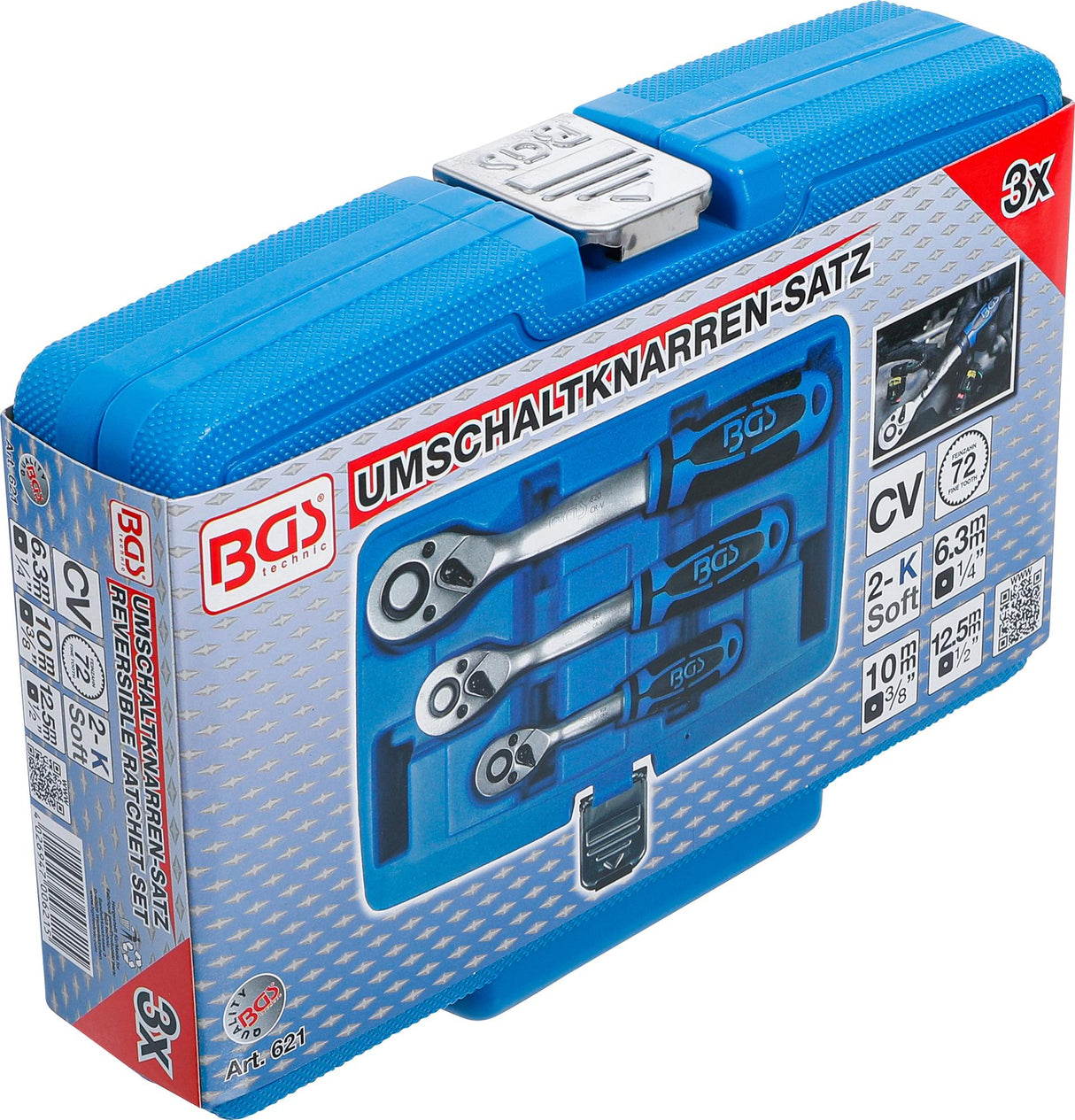 REVERSIBLE RATCHET SET | FINE TOOTH | 6.3 MM (1/4") - 10 MM (3/8") - 12.5 MM (1/2") | 3 PCS. (621)
