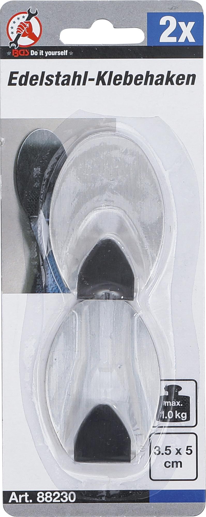 STAINLESS STEEL ADHESIVE HOOKS | 35 X 50 MM | 1.0 KG | 2 PCS. (88230)