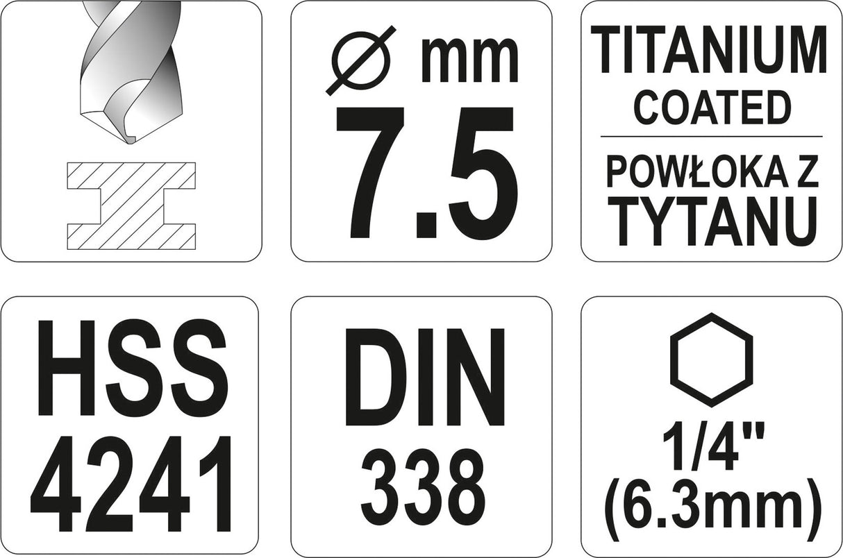 METAL DRILL WITH HEX SHANK 7,5MM TITAN (YT-44767)
