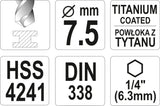 METAL DRILL WITH HEX SHANK 7,5MM TITAN (YT-44767)