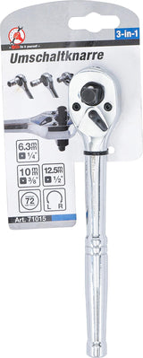 REVERSIBLE RATCHET | SOLID STEEL | FINE TOOTH | 3-IN-1 | 6.3 MM (1/4") / 10 MM (3/8") / 12.5 MM (1/2") (71015)