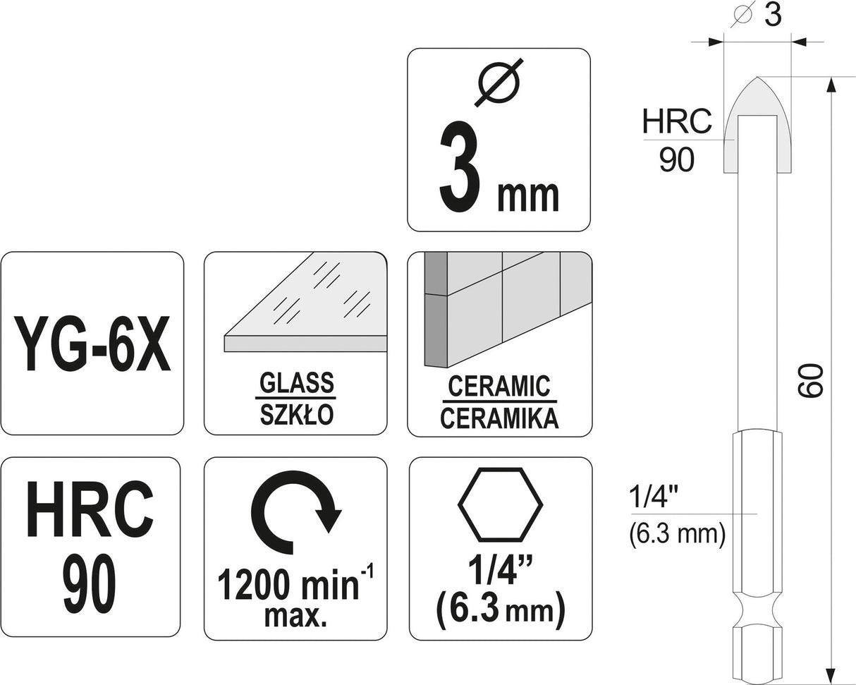 GLASS AND TILE DRILL WITH HEX SHANK 3MM (21700)