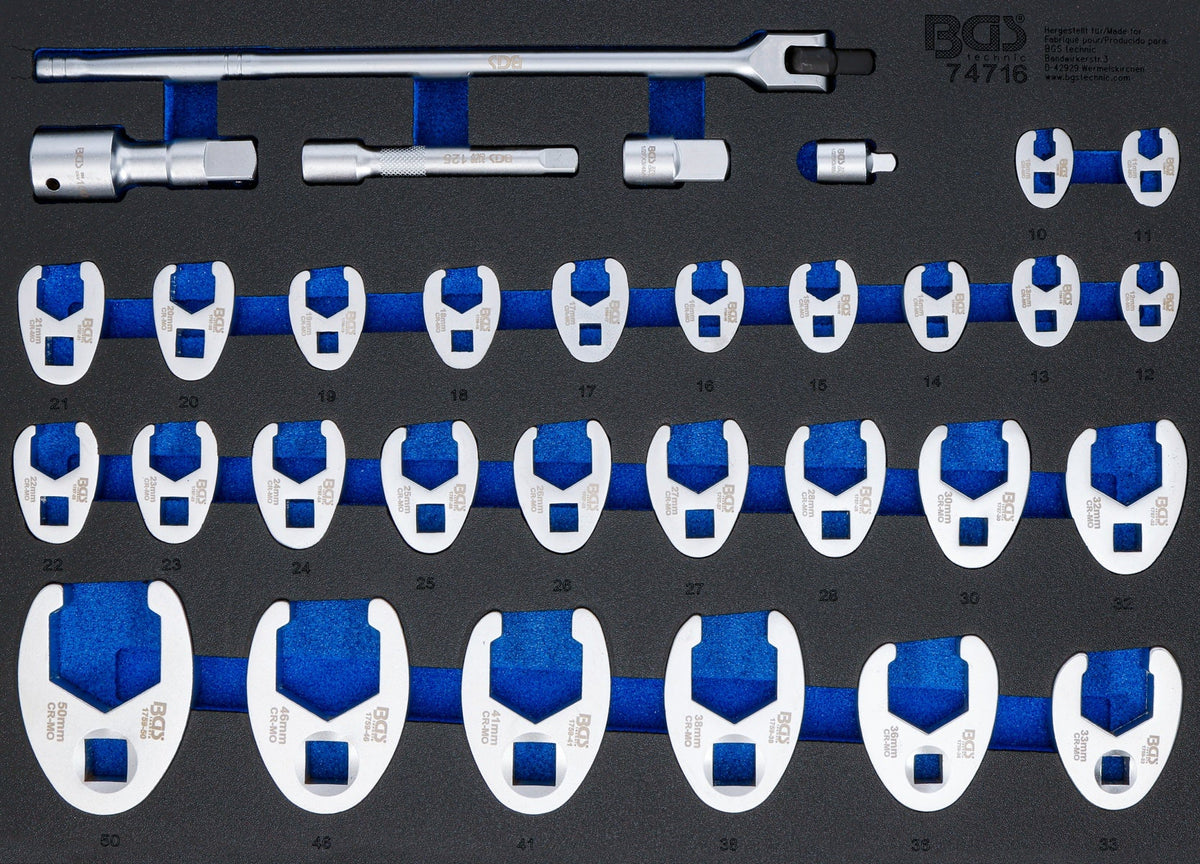 TOOL TRAY 3/3: SIDE SPANNERS | | 10 MM (3/8"), 12.5 MM (1/2"), 20 MM (3/4") DRIVE | 10 - 50 MM | 32 PCS (74716)