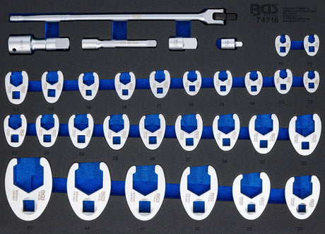 TOOL TRAY 3/3: SIDE SPANNERS | | 10 MM (3/8"), 12.5 MM (1/2"), 20 MM (3/4") DRIVE | 10 - 50 MM | 32 PCS (74716)
