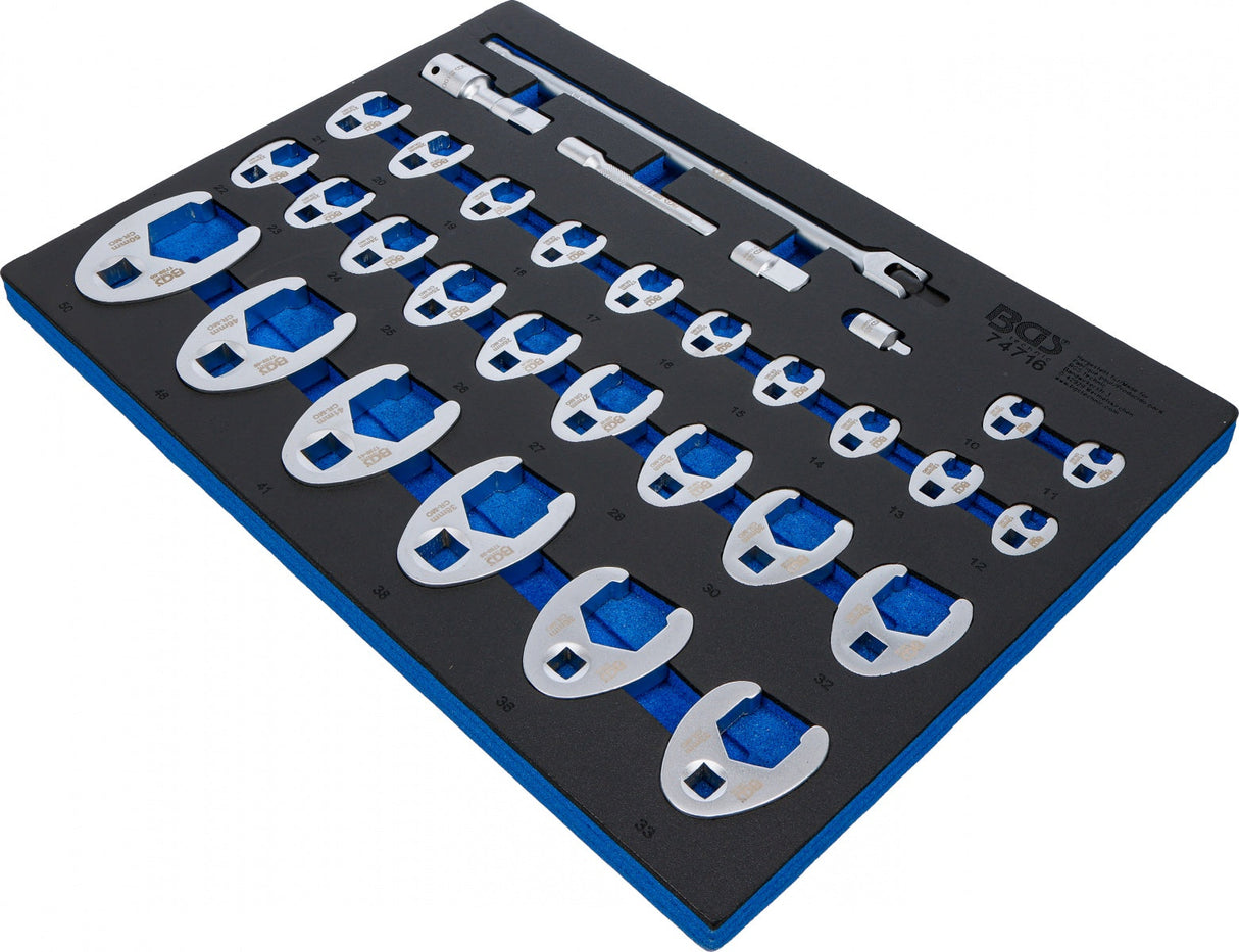 TOOL TRAY 3/3: SIDE SPANNERS | | 10 MM (3/8"), 12.5 MM (1/2"), 20 MM (3/4") DRIVE | 10 - 50 MM | 32 PCS (74716)