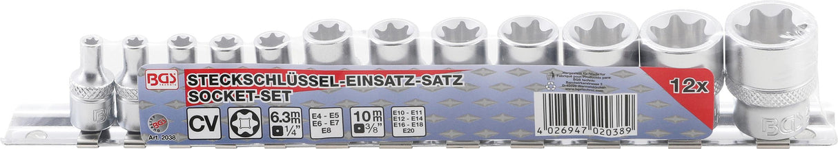 SOCKET SET, E-TYPE | 6.3 MM (1/4") / 10 MM (3/8") DRIVE | E4 - E20 | 12 PCS. (2038)