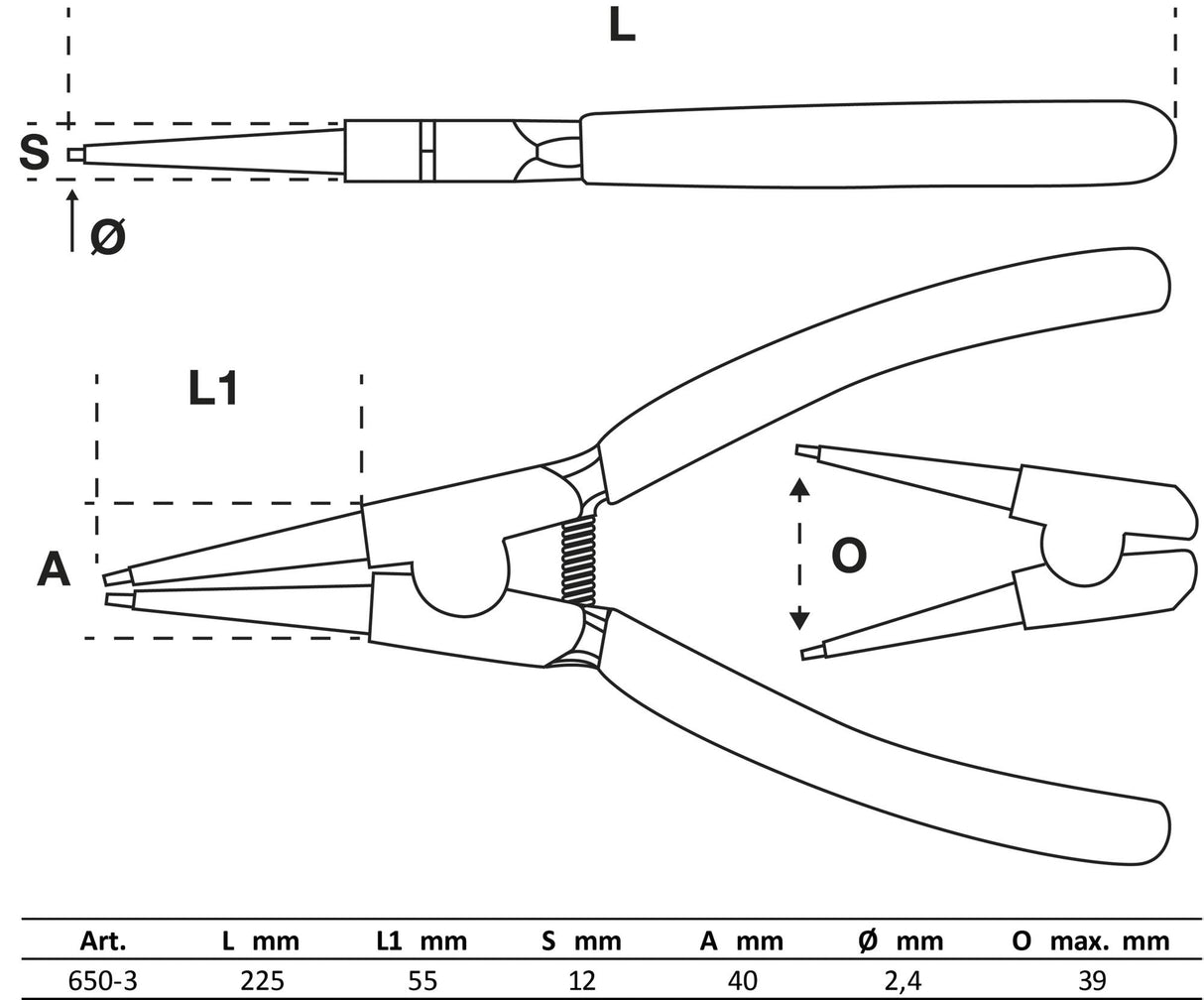 CIRCLIP PLIERS | STRAIGHT | FOR OUTSIDE CIRCLIPS | 225 MM (650-3)
