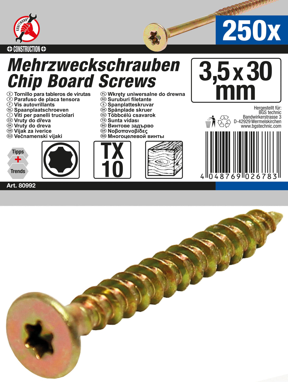 MULTI-PURPOSE SCREWS | T-STAR (FOR TORX) T10 | 3.5 X 30 MM | 250 PCS. (80992)