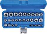 SOCKET SET, E-TYPE | 6.3 MM (1/4") / 12.5 MM (1/2") DRIVE | E4 - E24 | 28 PCS. (70099)