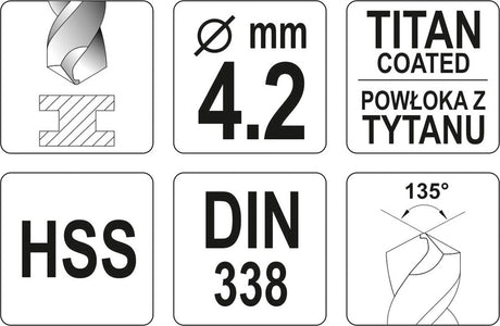 Poranterä metallille HSS-TIN 4,2 mm (YT-44642)