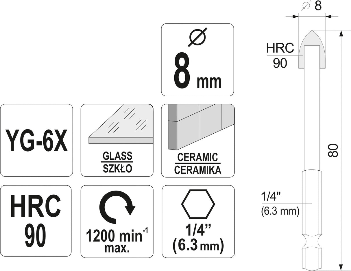 GLASS AND TILE DRILL WITH HEX SHANK 8MM (21704)