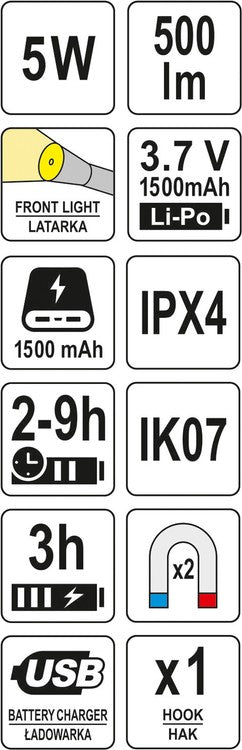 WORK LIGHT 500LM, LI-PO 3,7V 1500MAH (YT-08556)