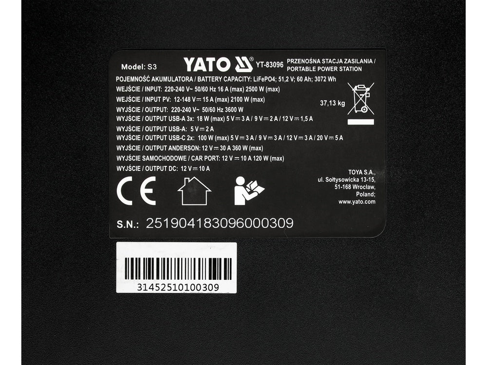 PORTABLE BATTERY STATION 3600W, 3072WH (YT-83096)