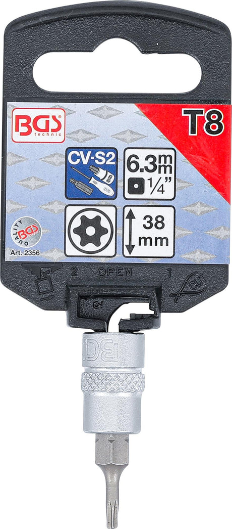 Ruuvikärki puristettuna hylsyyn | 6,3 mm (1/4") | T-Star reiällä (Torx) T8 (2356)