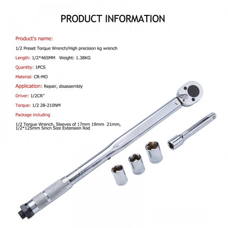 TORQUE WRENCH | EXTENSION BAR + 3 SOCKETS | 12.5 MM (1/2") | 28 - 210 NM (TW12)