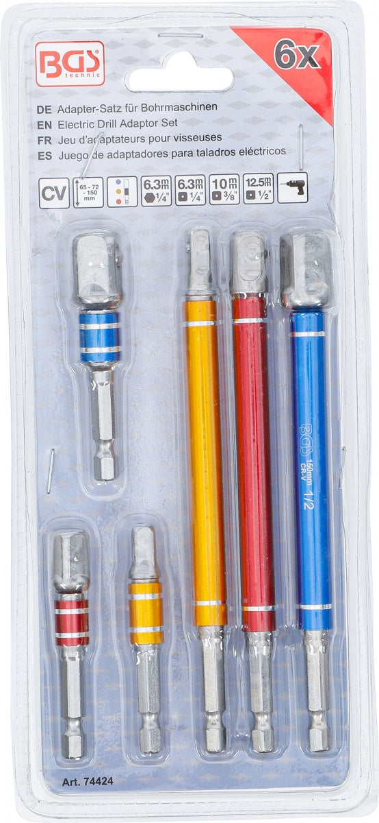 ELECTRIC DRILL ADAPTOR SET | MULTICOLOUR | 6.3 MM (1/4") DRIVE | EXTERNAL SQUARE 6.3 MM (1/4") / 10 MM (3/8") / 12.5 MM (1/2") MM | 75 - 150 MM | 6 PCS. (74424)