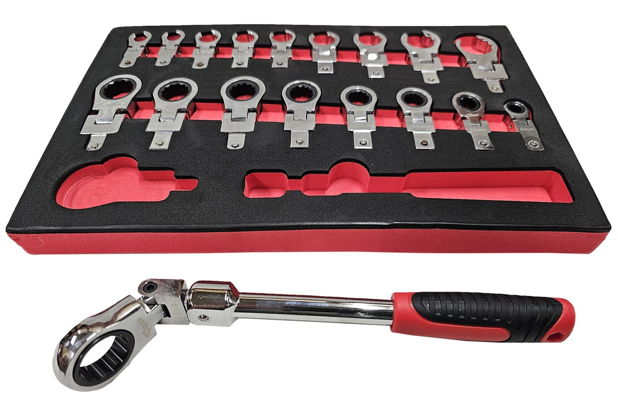 SET OF INSERTED WRENCHES | RATCHETING RING / OPEN FOR BRAKE HOSES | 8 - 22 MM | 19 PCS. (RWF19S)