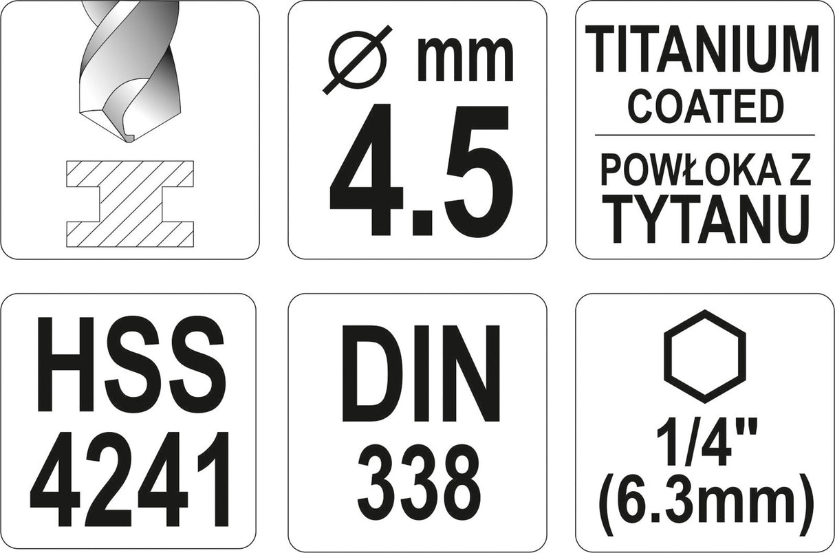 METAL DRILL WITH HEX SHANK 4,5MM TITAN (YT-44759)