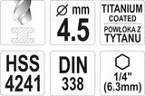 METAL DRILL WITH HEX SHANK 4,5MM TITAN (YT-44759)