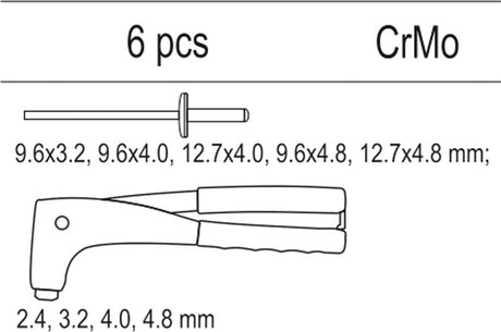 HAND RIVETER W. RIVETS, 6PCS SET (YT-55466)