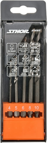 DRILL BIT SET WITH HEX 6.3 MM (1/4") SHANK | UNIVERSAL | 4 - 10 MM | 5 PCS. (21695)