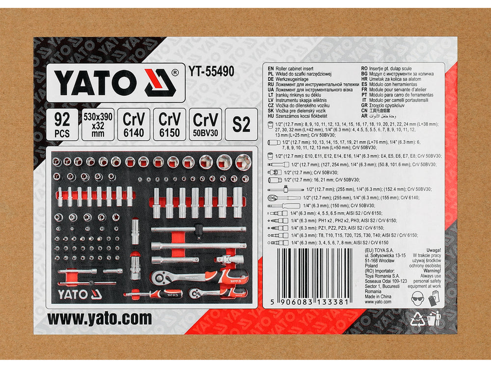 TOOLBOX: SOCKETS | RATCHETS | EXTENSIONS | 1/4" + 1/2" | 92 PCS (YT-55490)