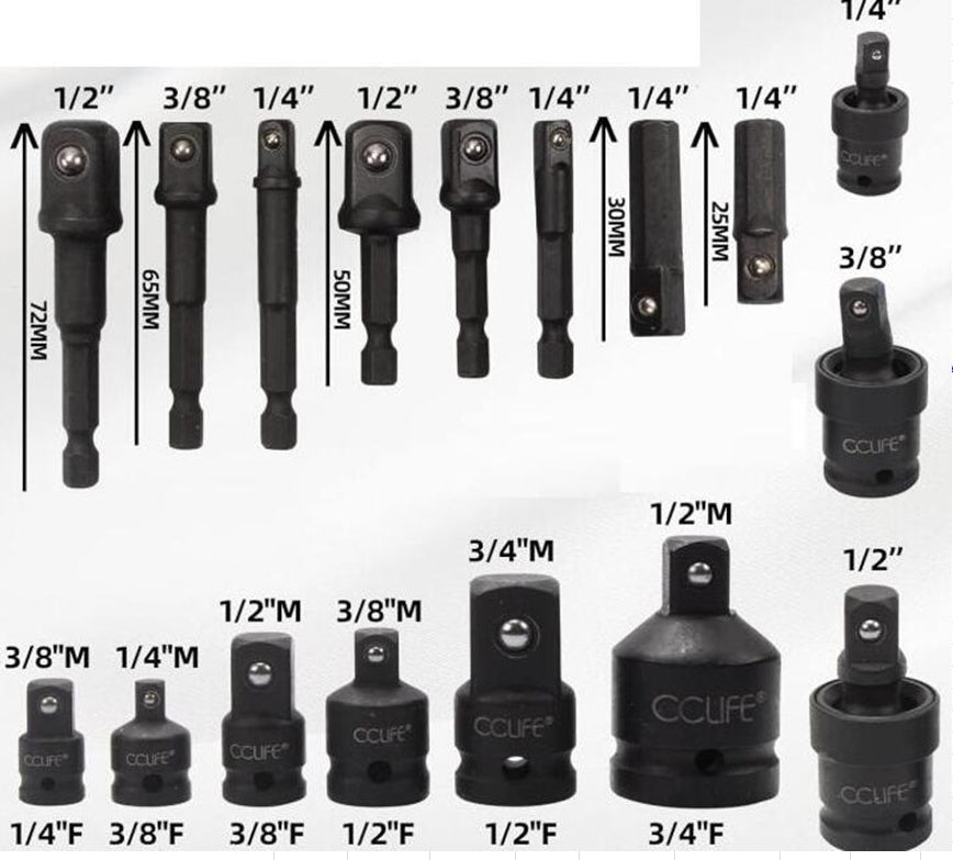 IMPACT ADAPTER AND UNIVERSAL JOINT SET | CR-MO | 17 PCS. (H640617)