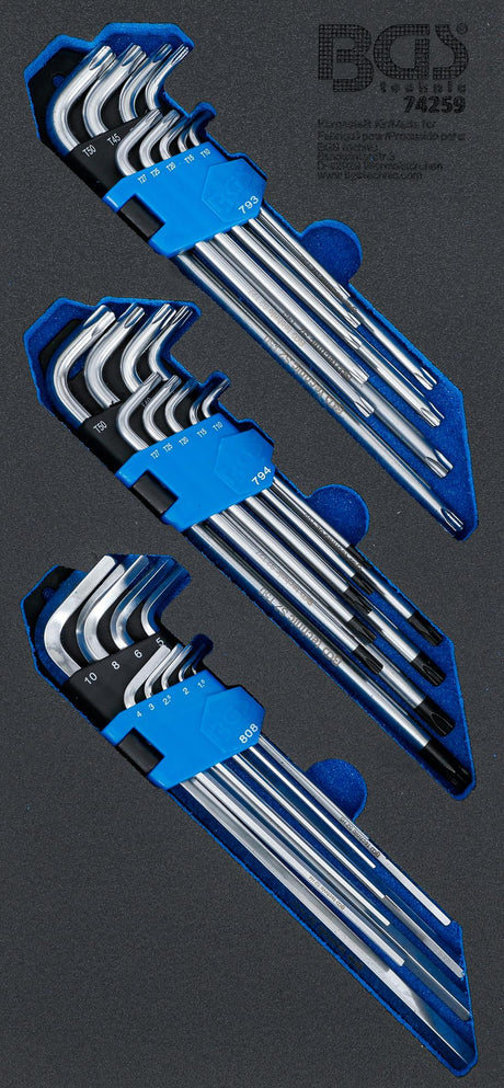 TOOL TRAY 1/3: L-TYPE WRENCH SET | EXTRA LONG | T-STAR (FOR TORX), T-STAR TAMPERPROOF (FOR TORX), INTERNAL HEXAGON | 27 PCS. (74259)