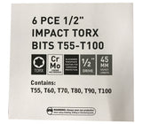 IMPACT BIT SET | 12.5 MM (1/2") | T-STAR (TORX) T55 - T100 | 6 PCS. (S1106)