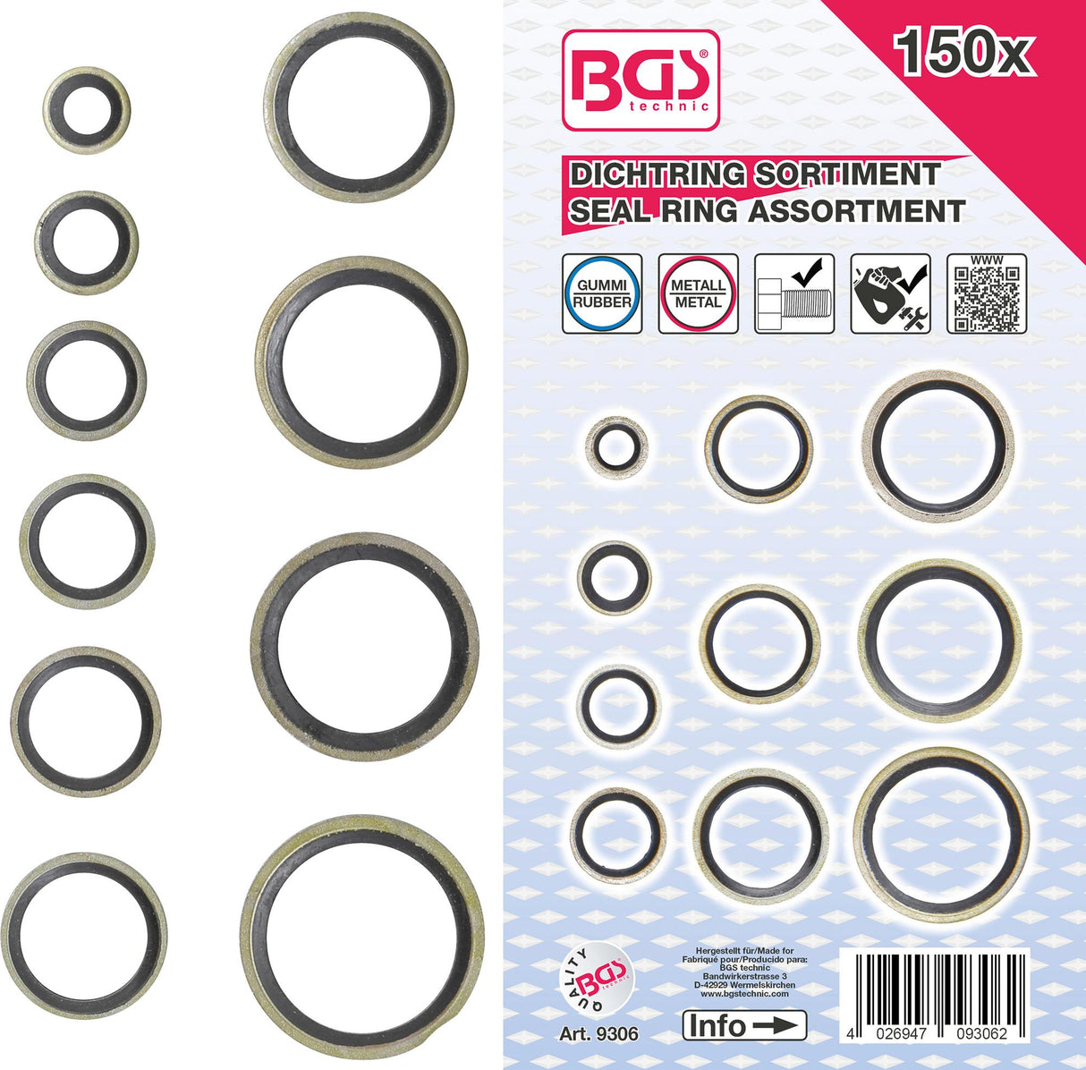 SEAL RING ASSORTMENT | METAL | WITH RUBBER SEALING BEAD | 150 PCS. (9306)