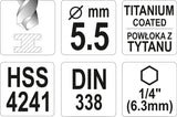 METAL DRILL WITH HEX SHANK 5,5MM TITAN (YT-44763)